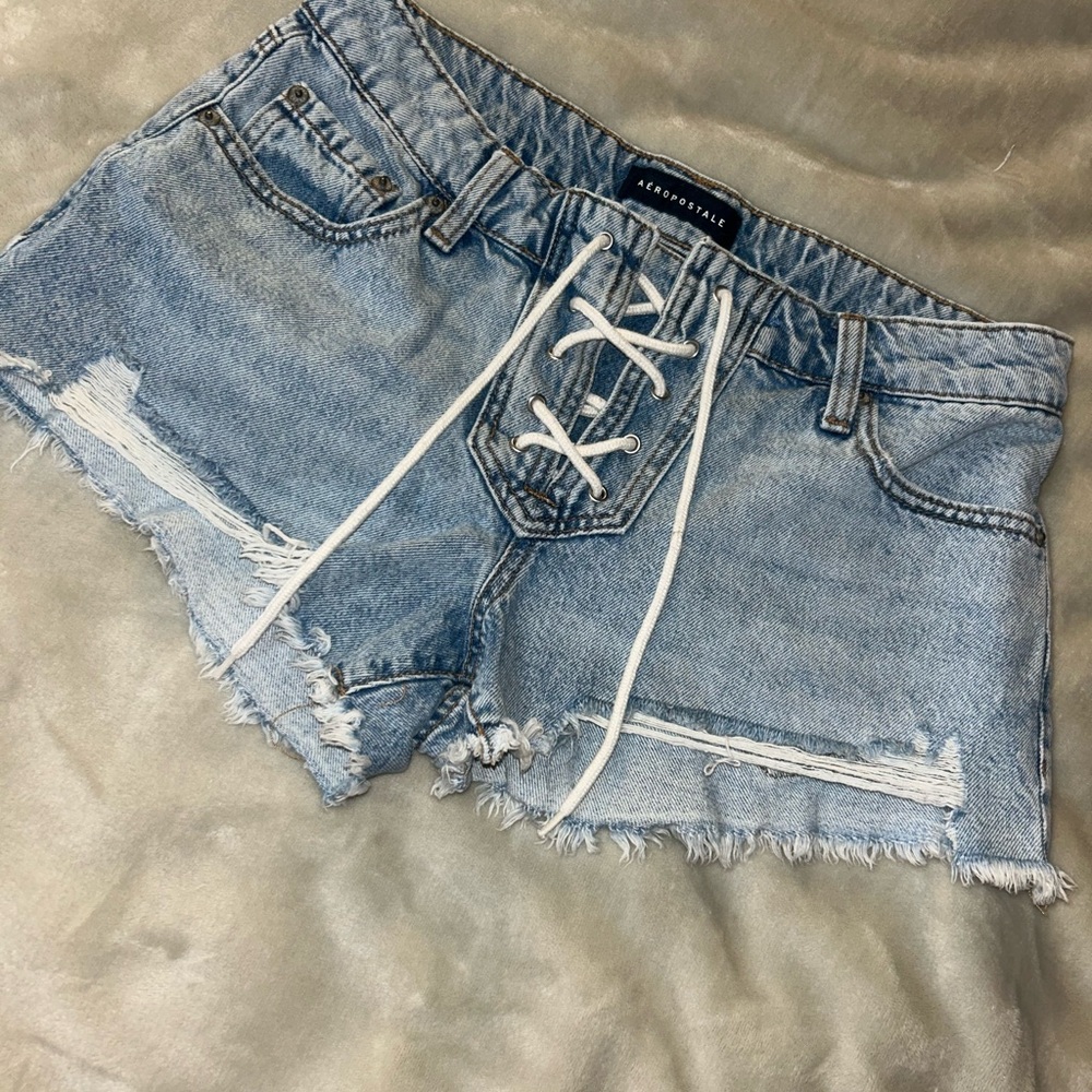 Aeropostale Lace-Up Light Blue Jean Shorts